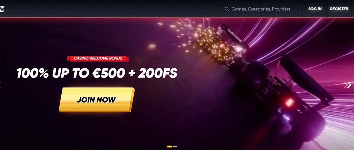 QuickWin casino banner offering "100% UP TO €500 + 200FS" as a welcome bonus with a "JOIN NOW" button, featuring a dynamic racing car background.