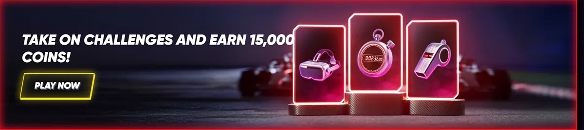 QuickWin casino banner promoting challenges with a chance to earn 15,000 coins, featuring a neon-lit stopwatch, whistle, and VR headset, with a "PLAY NOW" button.