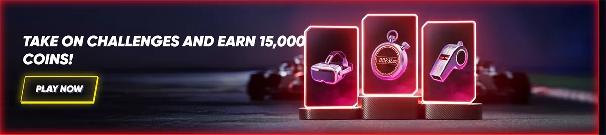 QuickWin casino banner promoting challenges with a chance to earn 15,000 coins, featuring a neon-lit stopwatch, whistle, and VR headset, with a 