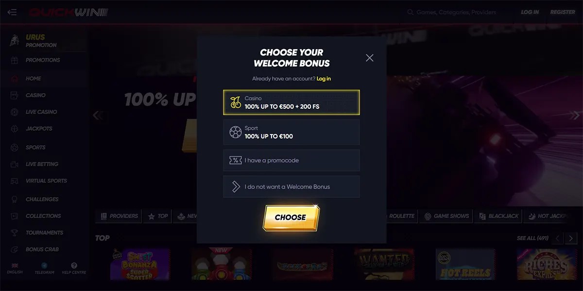QuickWin casino sign-up modal for choosing a welcome bonus, offering "100% UP TO €500 + 200 FS" for casino or "100% UP TO €100" for sports, with options to enter a promo code or decline the bonus, along with a "CHOOSE" button.