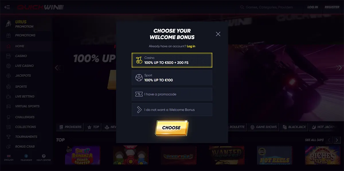 QuickWin casino sign-up modal for choosing a welcome bonus, offering 